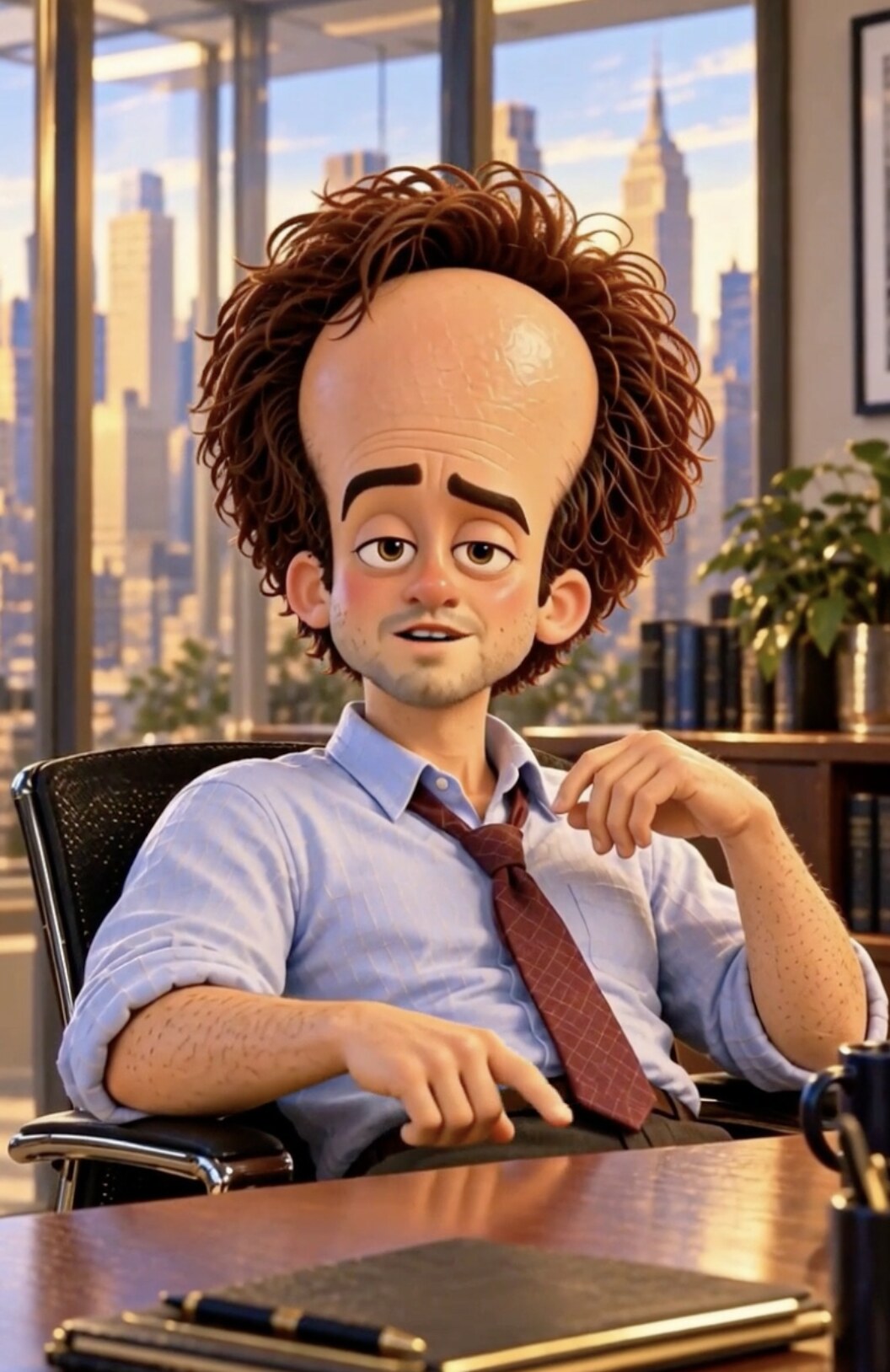 Galaxy Brain Tim in a warmly lit office, illustrated in a textured oil-painting style